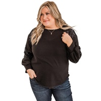 Black Plus Size Sequin Patchwork Crew Neck Long Sleeve Top - 3X thumbnail