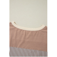 Khaki Stripe Patchwork Bracelet Sleeve Plus Size T Shirt - 2X thumbnail