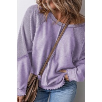 Orchid Petal Textured Patchwork Frilled Trim Plus Size Pullover Sweatshirt - 1X thumbnail