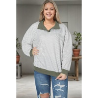 Green Striped Contrasting Trim Plus Size Henley Pullover - 3X thumbnail