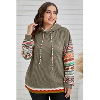 Jungle Green Aztec Patchwork Sleeve Waffle Drawstring Plus Hoodie - 2X thumbnail