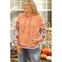 Khaki Aztec Patchwork Waffle Knit Plus Size Hoodie - 3X thumbnail