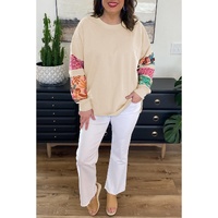 Beige Plus Size Printed Patchwork Sleeve Split Sweatshirt - 1X thumbnail