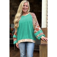 Sky Blue Plus Size Plaid Floral Patchwork Raglan Sleeve Sweatshirt - 4X thumbnail