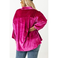 Bright Pink Plus Size Velvet Chest Pocket Drop Shoulder Shirt - 4X thumbnail