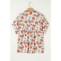 Khaki Plus Size Western Pattern Print Buttoned Short Sleeve Shirt - 4X thumbnail