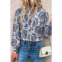 Sky Blue Tribal Pattern Print Notch Neck Buttoned Plus Size Shirt - 3X thumbnail