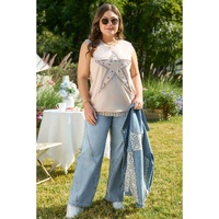 Parchment Studded Star Lace Patchwork Hem Plus Size Tank Top - 2X thumbnail