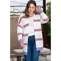 Beige Plus Size Striped Dropped Shoulder Sweater Cardigan - 1X thumbnail