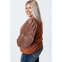 Brown Plus Size Printed Splicing Sleeve Ribbed Trim Sweater - 1X thumbnail