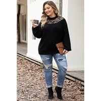 Black Plus Size Ribbed Knit Lace Splicing High Neck Sweater - 1X thumbnail