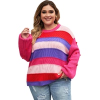 Pink Plus Size Striped Knit Pompom Puff Sleeve Sweater - 2X thumbnail