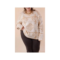 Apricot Plus Size Western Aztec Print Loose Sweater - 3X thumbnail
