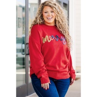 Fiery Red Tinsel merry Pattern Drop Shoulder Plus Size Sweater - 2X thumbnail