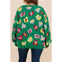 Green Plus Size Floral Knitted Ribbed Edge Drop Shoulder Sweater - 3X thumbnail