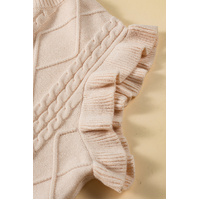 Oatmeal Plus Cable Knit Short Ruffled Sleeve Mock Neck Sweater - 1X thumbnail