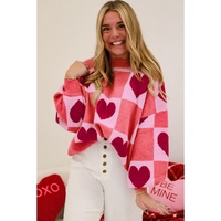Azura Exchange Pink Plus Size Love Heart Block Mock Neck Lantern Sleeve Valentine Sweater - 2X thumbnail