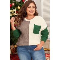 Mist Green Plus Size Cable Knit Color Block Drop Shoulder Sweater - 2X thumbnail