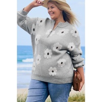 Gray Plus Size Embroidered Floral Pattern Half Zip Sweater - 1X thumbnail