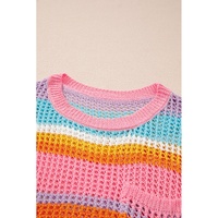 Pink Stripe Plus Size Open Knit Patch Pocket Short Sleeve Sweater - 4X thumbnail