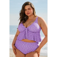 Purple Plus Size Polka Dot Print Ruffled Knotted V Neck Tankini Set - 4X thumbnail