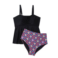 Black Drawstring Tied Front Flared Top Geometric Print Bottom Plus Size Tankinis - 1X thumbnail