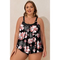 Black 2pcs Plus Size Wide Strap Floral Top Tankini Set - 3X thumbnail