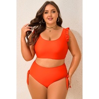 Orange Ruffled Trim Knotted High Waist Plus Size Bikini Set - 1X thumbnail