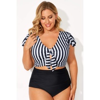 Black Stripe Plus Size Knot Cutout Ruffle Sleeve and High Waisted 2pcs Swimsuit - 1X thumbnail