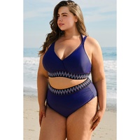 Navy Blue Embroidered Trim Wrap Tie Knot Plus Size High Waisted Bikini - 4X thumbnail
