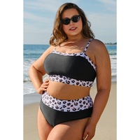 Black 2pcs Leopard Patchwork Plus Size High Waisted Swimsuit - 3X thumbnail