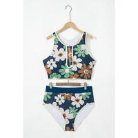 Green Floral Printed Zipped Plus Size Two Pieces Bikini - 1X thumbnail