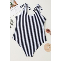 Black Stripe Plus Size Self Tie Straps O-Ring Waistband One Piece Swimsuit - 3X thumbnail