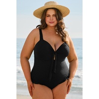 Black Plus Size Textured Knotted Ruffled Trim One Piece Swimwear - 3X thumbnail