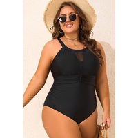Black Halter Mesh Insert Knotted Back One Piece Plus Size Swimsuit - 2X thumbnail