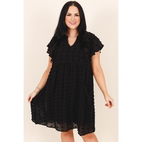 Black Dotty Textured Notched Neck Plus Ruffled Dress - 3X thumbnail
