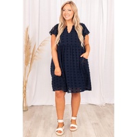 Navy Blue Dotty Textured Notched Neck Plus Ruffled Dress - 3X thumbnail