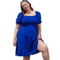 Dark Blue Shirred Ruffled Square Neck Plus Size Mini Dress - 3X thumbnail
