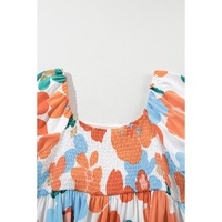 Orange Plus Size Flower Print Shirred Square Neck Maxi Dress - 1X thumbnail