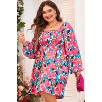 Rose Flower Print Smocked Square Neck Plus Size Dress - 1X thumbnail