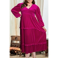 Rose Red Shirred V Neck Tiered Ruffled Velvet Plus Size Maxi Dress - 1X thumbnail
