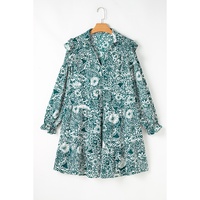 Green Floral Flounce Sleeve Split Neck Plus Size Dress - 2X thumbnail