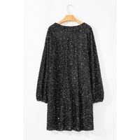 Color black Plus Size Bubble Sleeve V Neck Sequin Dress - 1X thumbnail