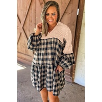 Black Plaid Waffle Knit Patchwork Collared V Neck Plus Size Mini Dress - 2X thumbnail