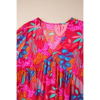 Rose Tropical Printed Lantern Sleeve V Neck Ruffled Plus Size Mini Dress - 1X thumbnail