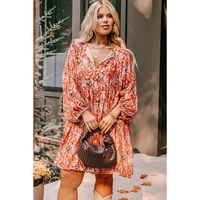 Orange Floral Print Split V Neck Bubble Sleeve Plus Size Midi Dress - 3X thumbnail