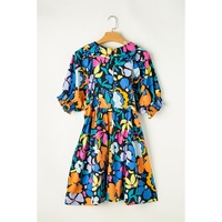 Blue Split Neck Collared Plus Floral Dress - 1X thumbnail
