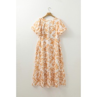 Apricot Floral Print Puff Short Sleeve Resort Plus Size Maxi Dress - 3X thumbnail