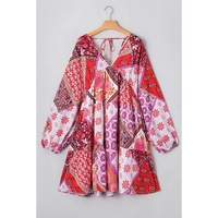 Rose Mixed Floral Long Sleeve V Neck Lace-up Hollowed Back Plus Size Dress - 2X thumbnail