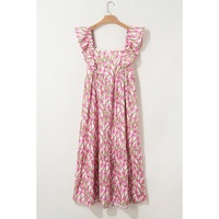 Pink Plus Size Ruffle Trim Square Neck High Waist Floral Maxi Dress - 1X thumbnail